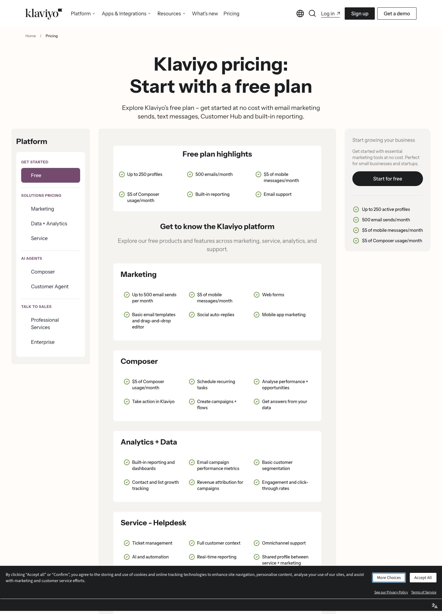 Página de precios de Klaviyo con el plan gratuito de hasta 250 perfiles y 500 emails al mes, captura de octubre de 2026