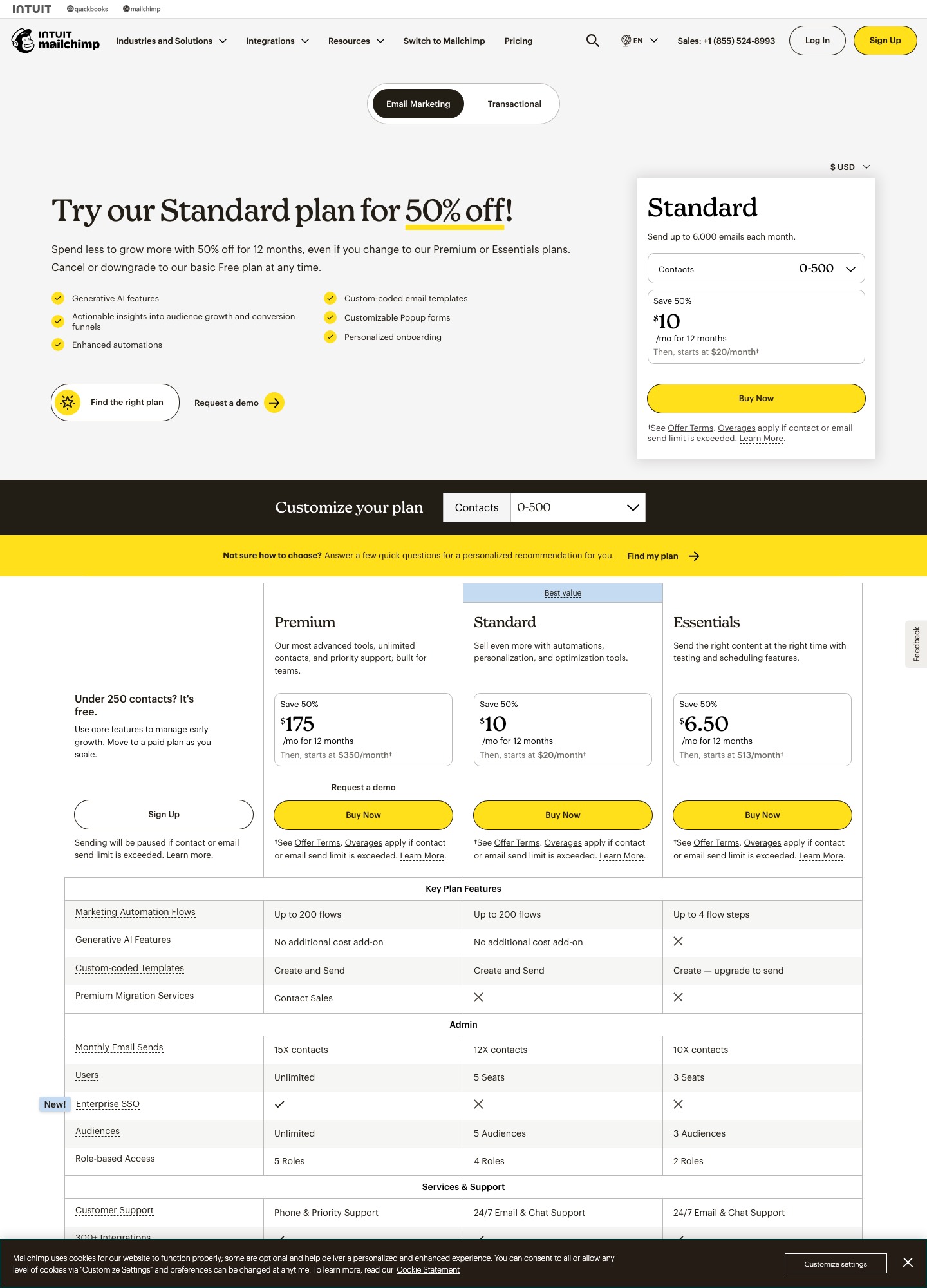 Página de precios de Mailchimp con los planes Essentials, Standard y Premium, captura de octubre de 2026
